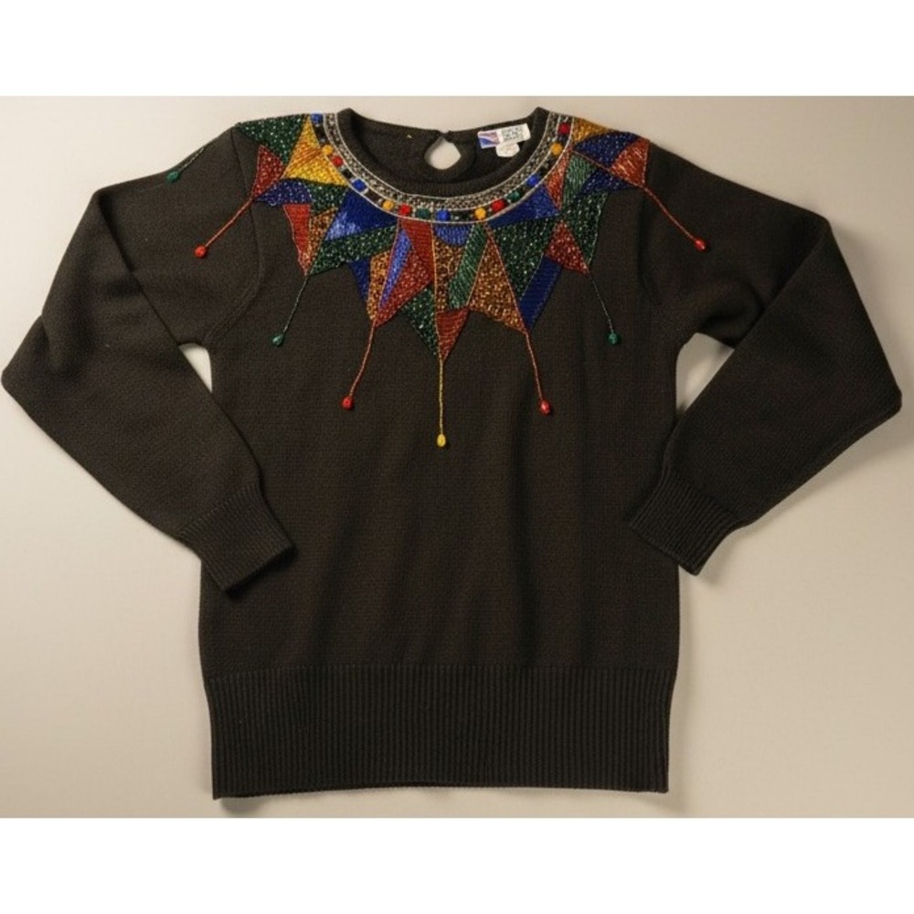 VTG Lindsey Blake‎ Sweater Small Black Beaded Sequin Geometric Holiday Christmas